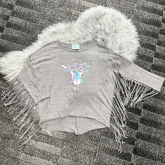 Judith March Anthropology Steer Head Floral Fringe T Size Medium - Picture 4 of 4